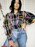 Load image into Gallery viewer, Vintage 80s tartan plaid print colorful shirt blouse
