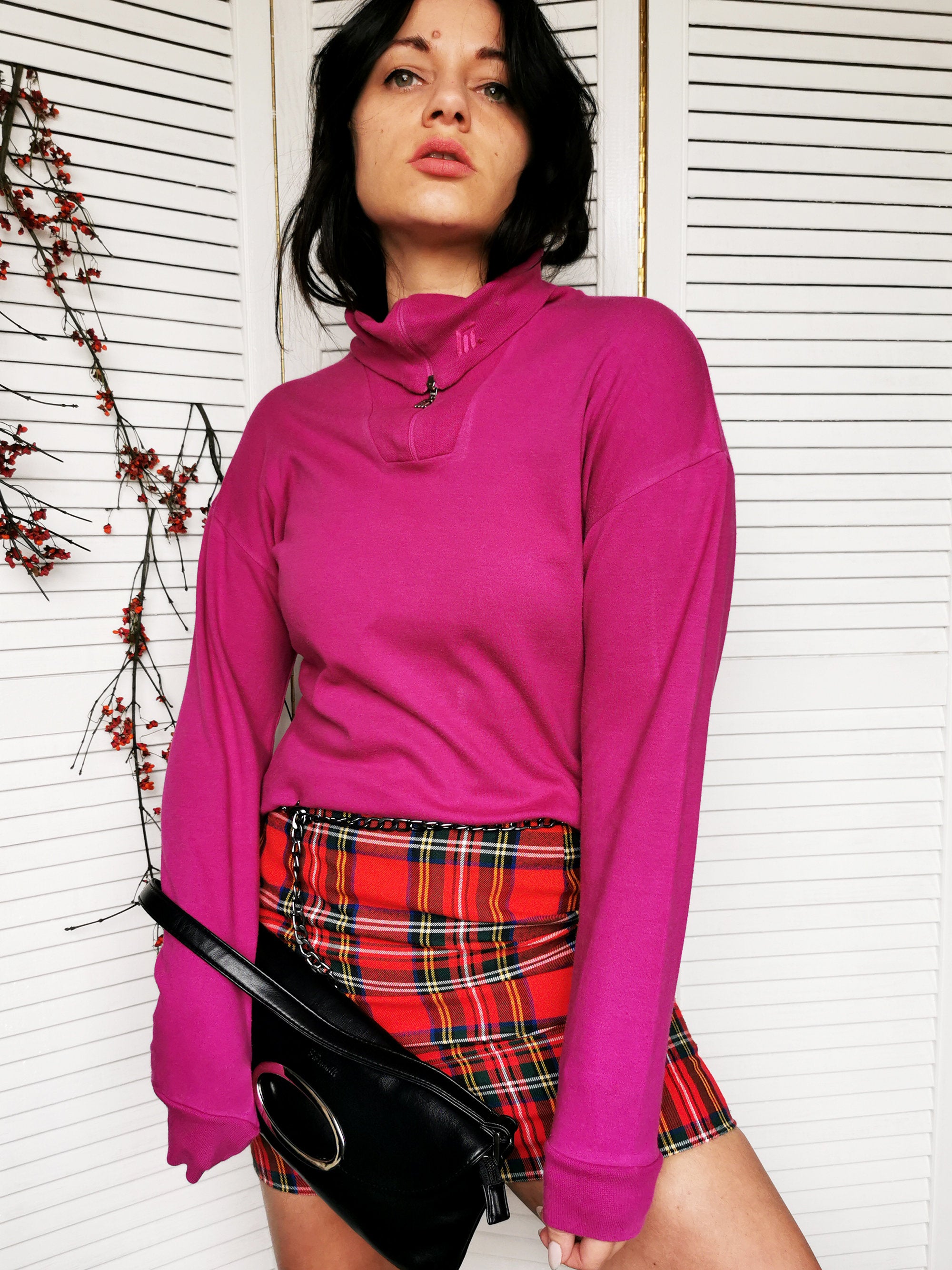 Vintage 90s 1/4 zip purple turtleneck cotton jumper top