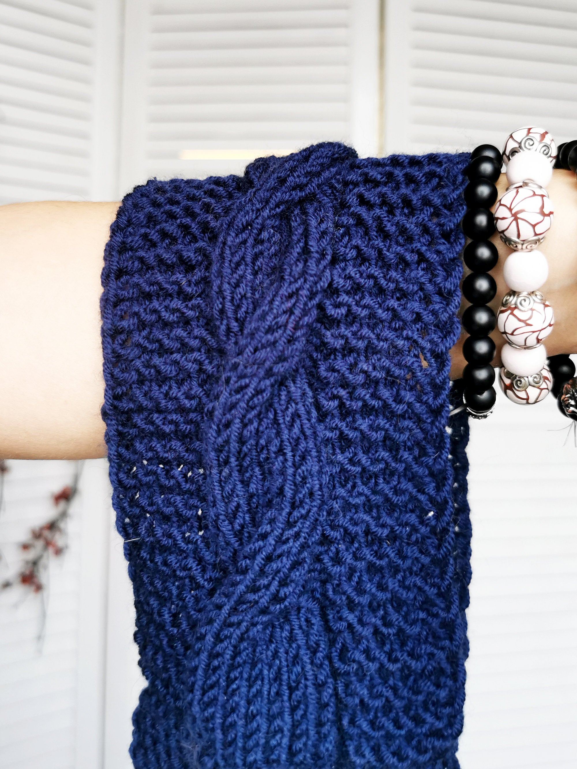Merino wool handmade knitted winter headband in navy blue