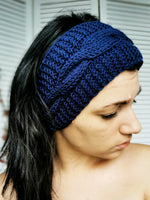Load image into Gallery viewer, Merino wool handmade knitted winter headband in navy blue
