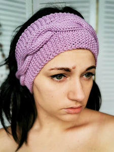 Merino wool handmade knitted winter headband in lilac purple