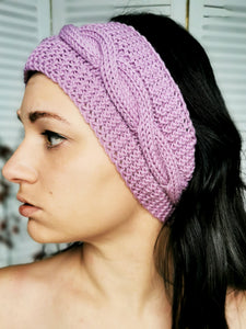 Merino wool handmade knitted winter headband in lilac purple