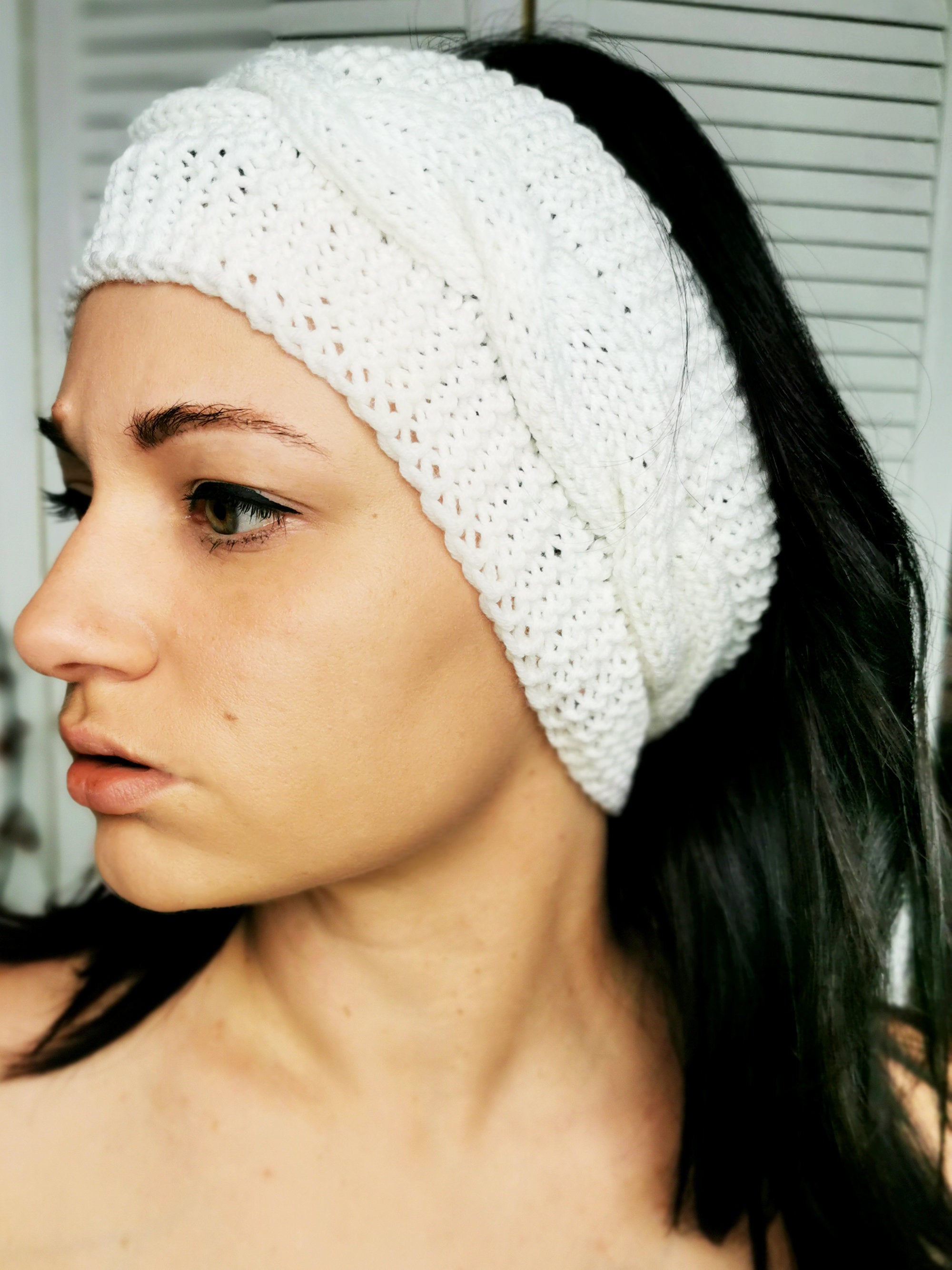 Merino wool handmade knitted winter headband in white