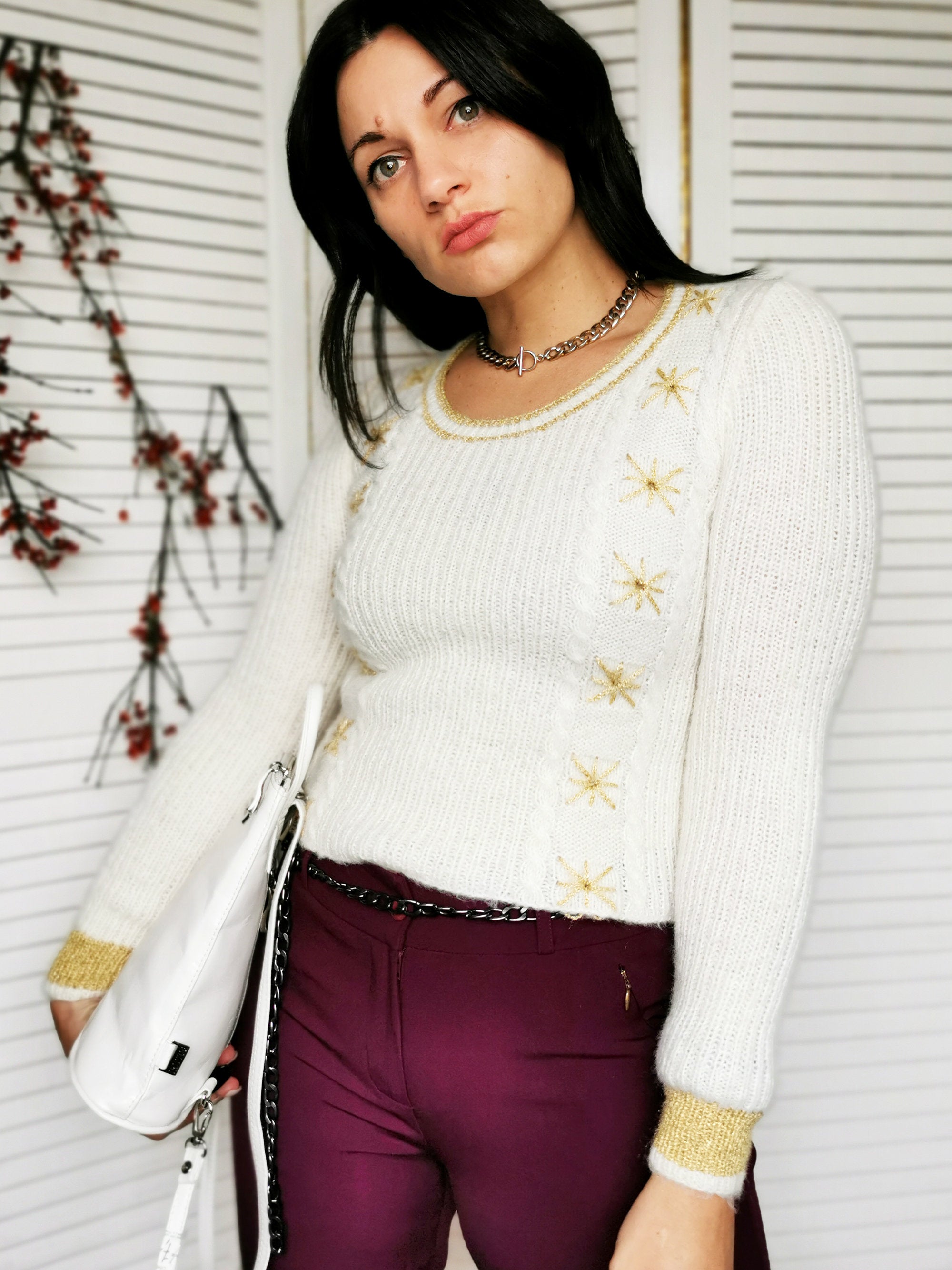 Vintage 90s handmade Christmas knit sweater in white
