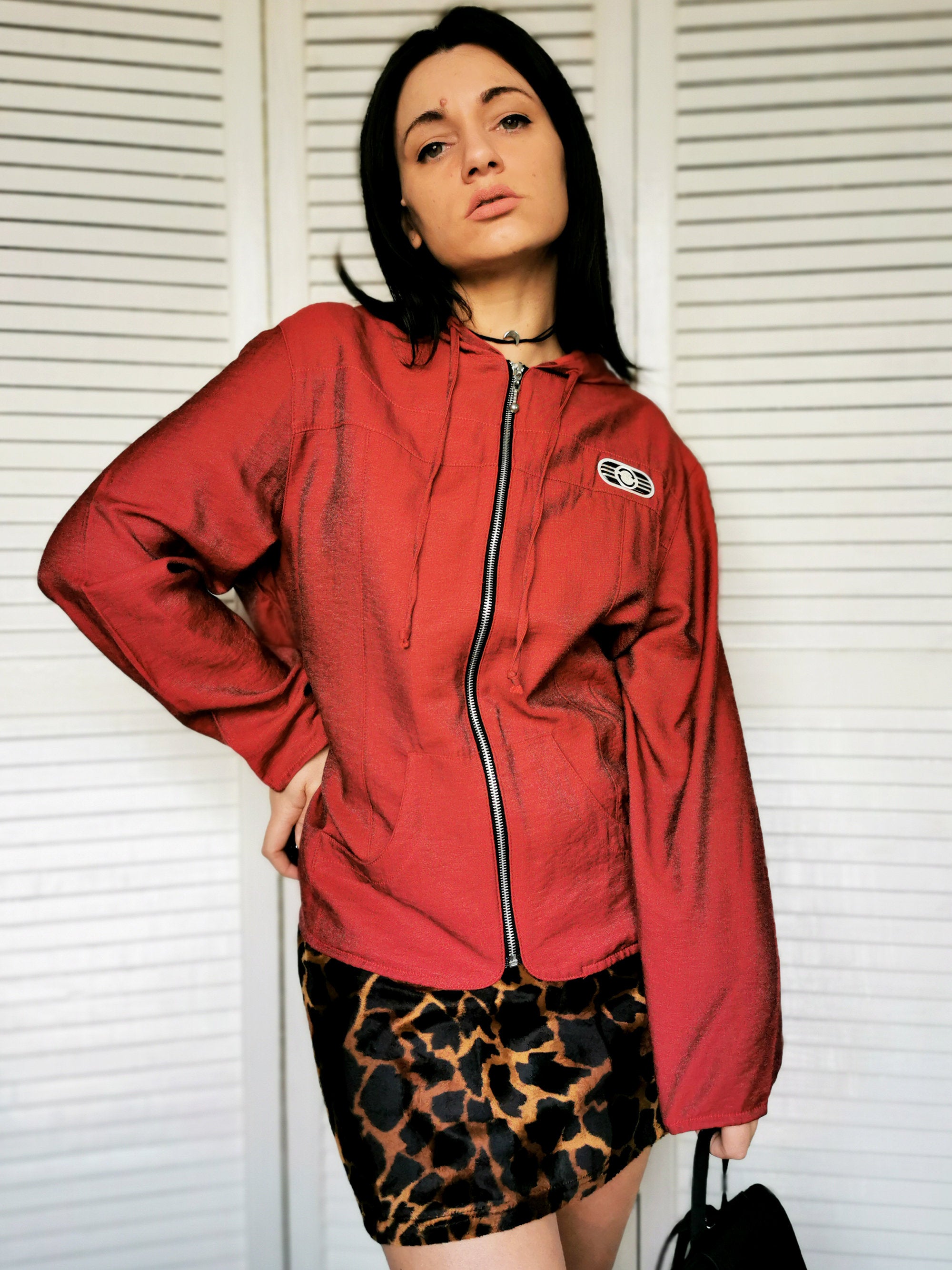 Vintage 90s thin shimmer red jacket with a hood