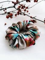 Load image into Gallery viewer, 100% SILK Handmade grey colorful floral medium hair scrunchy

