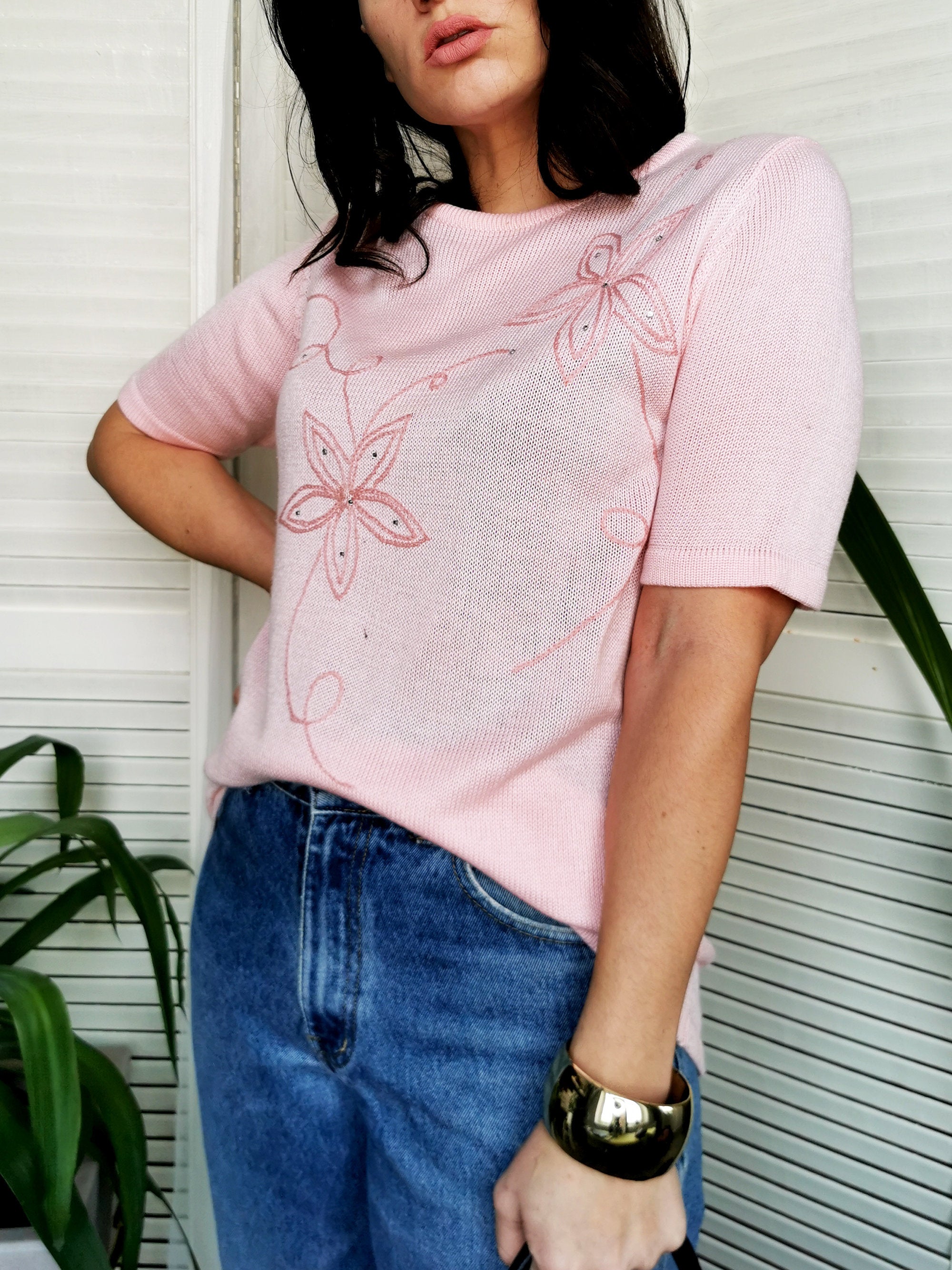 Vintage 80s pink knit embroidery short sleeve top