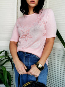 Vintage 80s pink knit embroidery short sleeve top