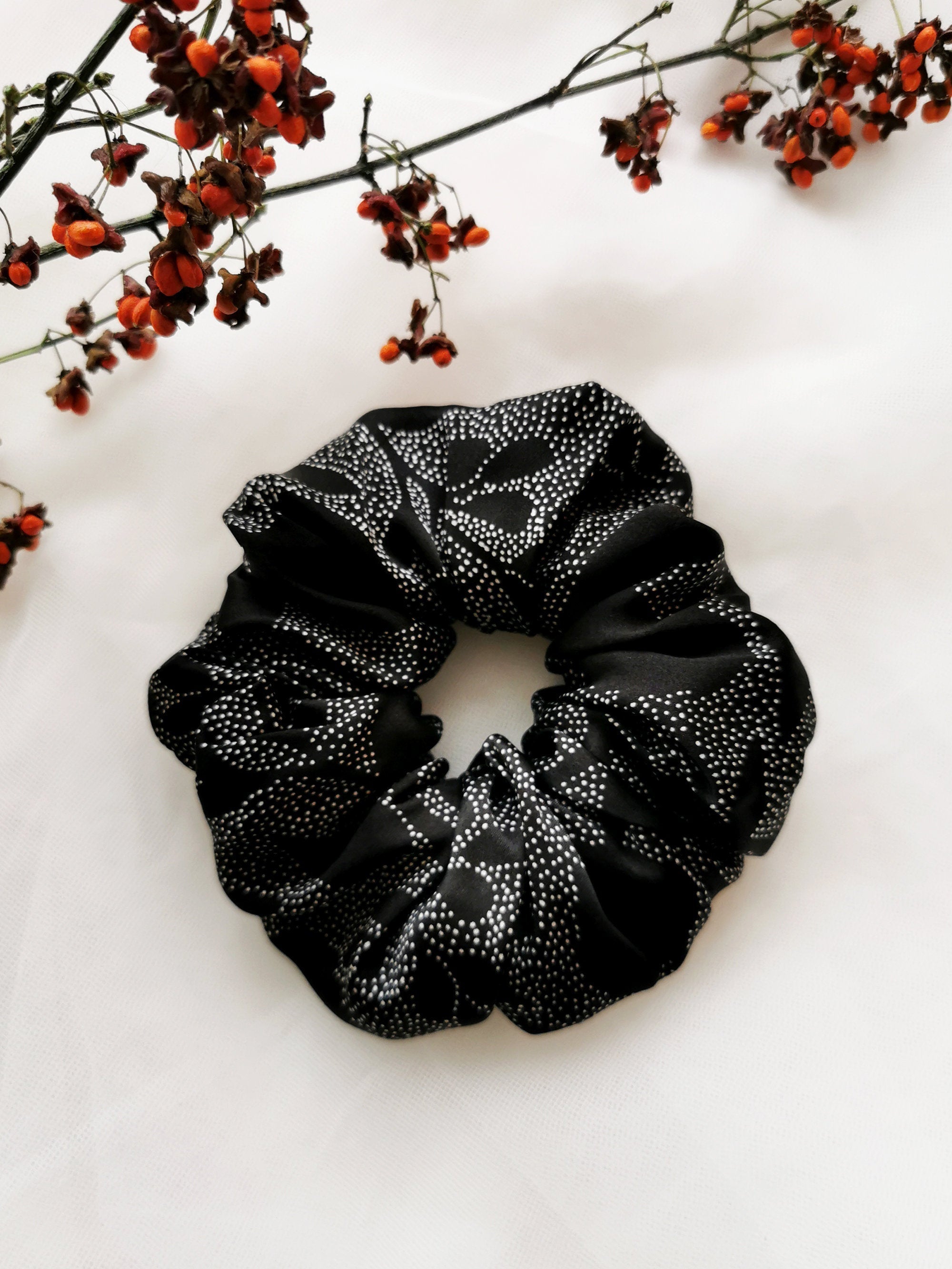 100% SILK Handmade BIG black dot print hair scrunchy