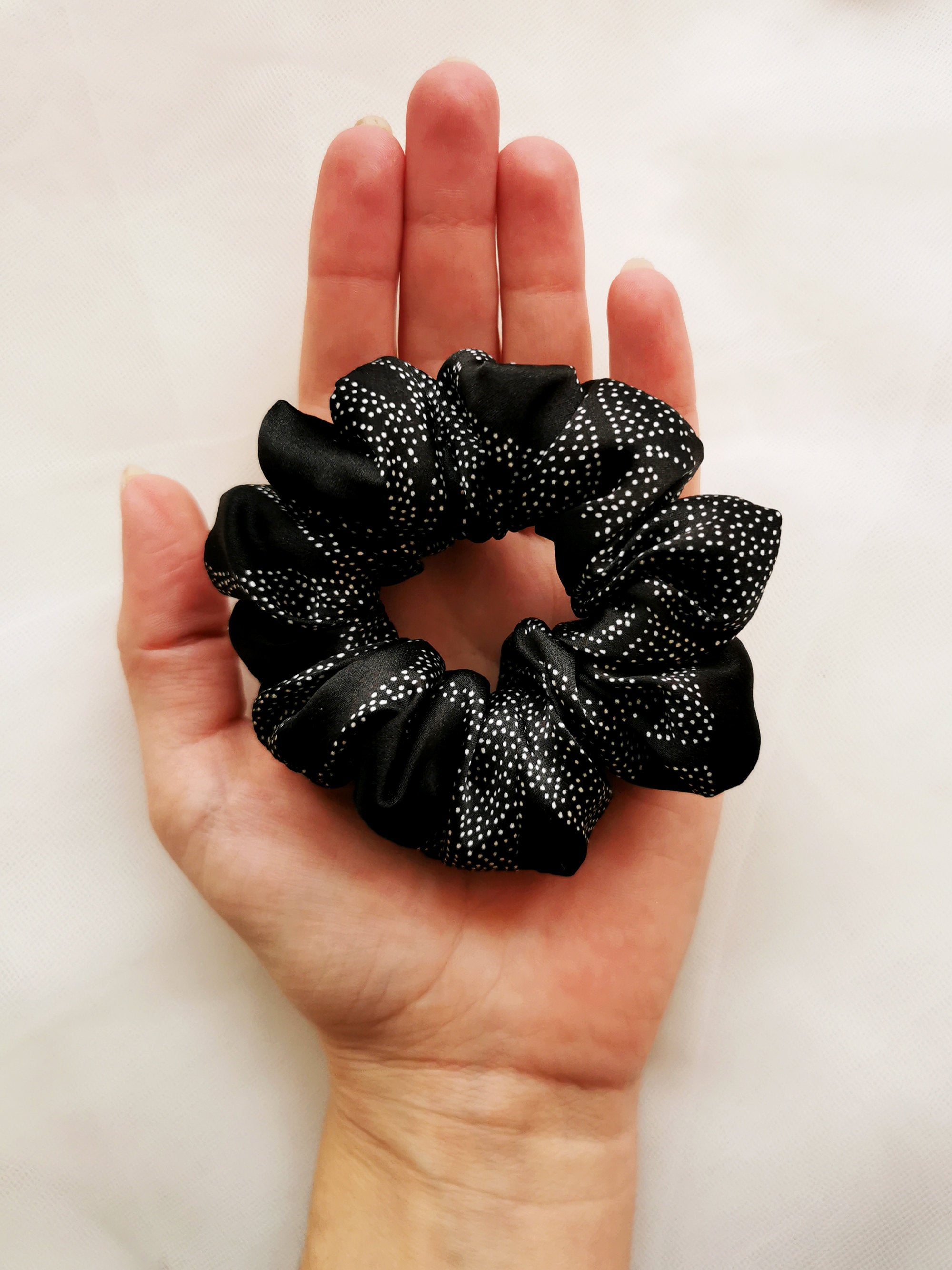 100% SILK Handmade black dot print medium hair scrunchy