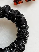 Load image into Gallery viewer, 100% SILK Handmade black dot print small hair scrunchy

