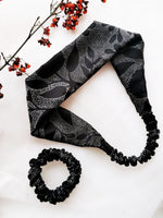 Load image into Gallery viewer, 100% silk Handmade 2 pieces black dot print Scrunchy &amp; Headband set
