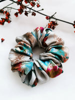 Load image into Gallery viewer, 100% SILK Handmade grey colorful floral medium hair scrunchy
