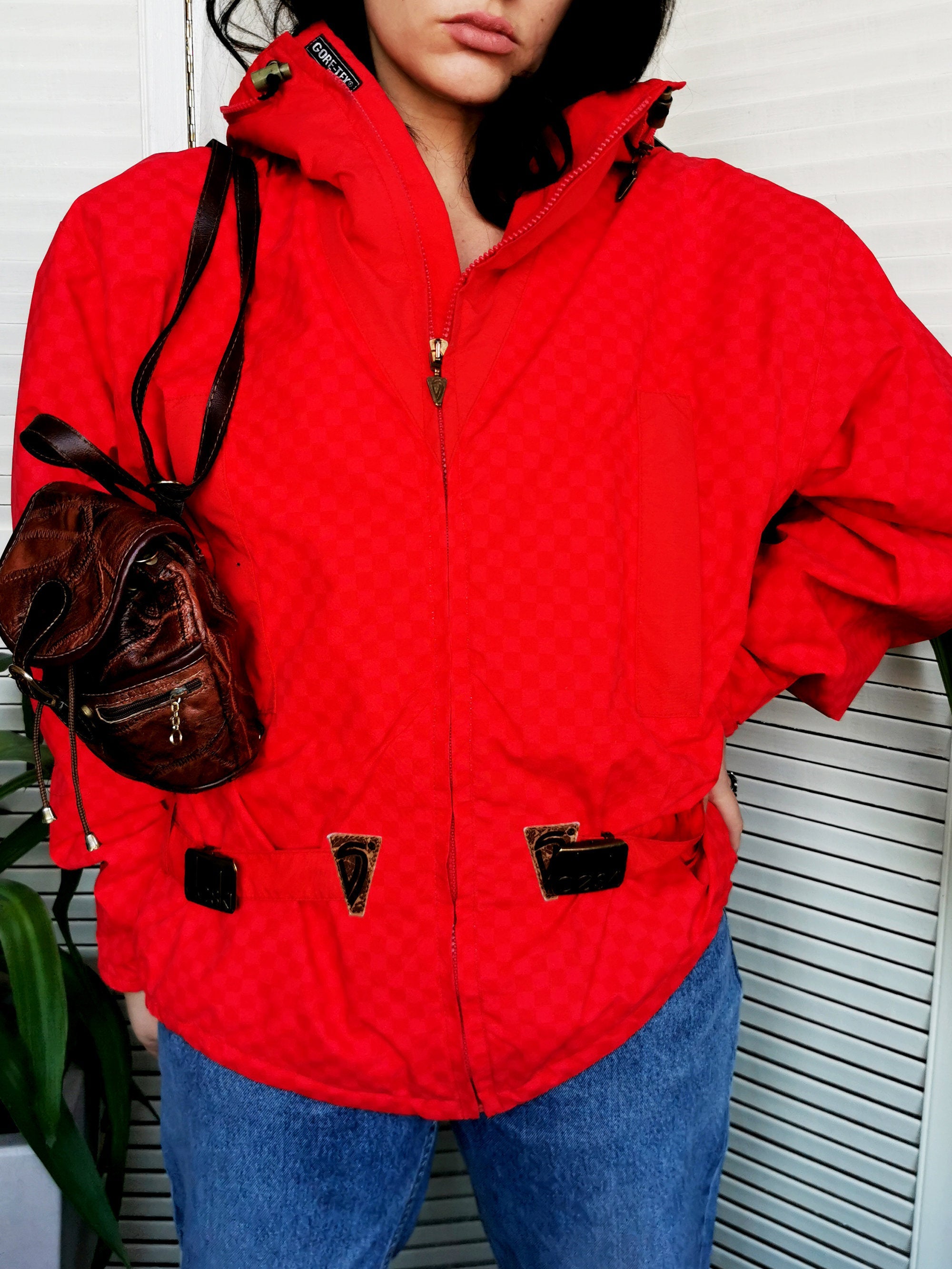 Vintage 90s red chess print hooded jacket