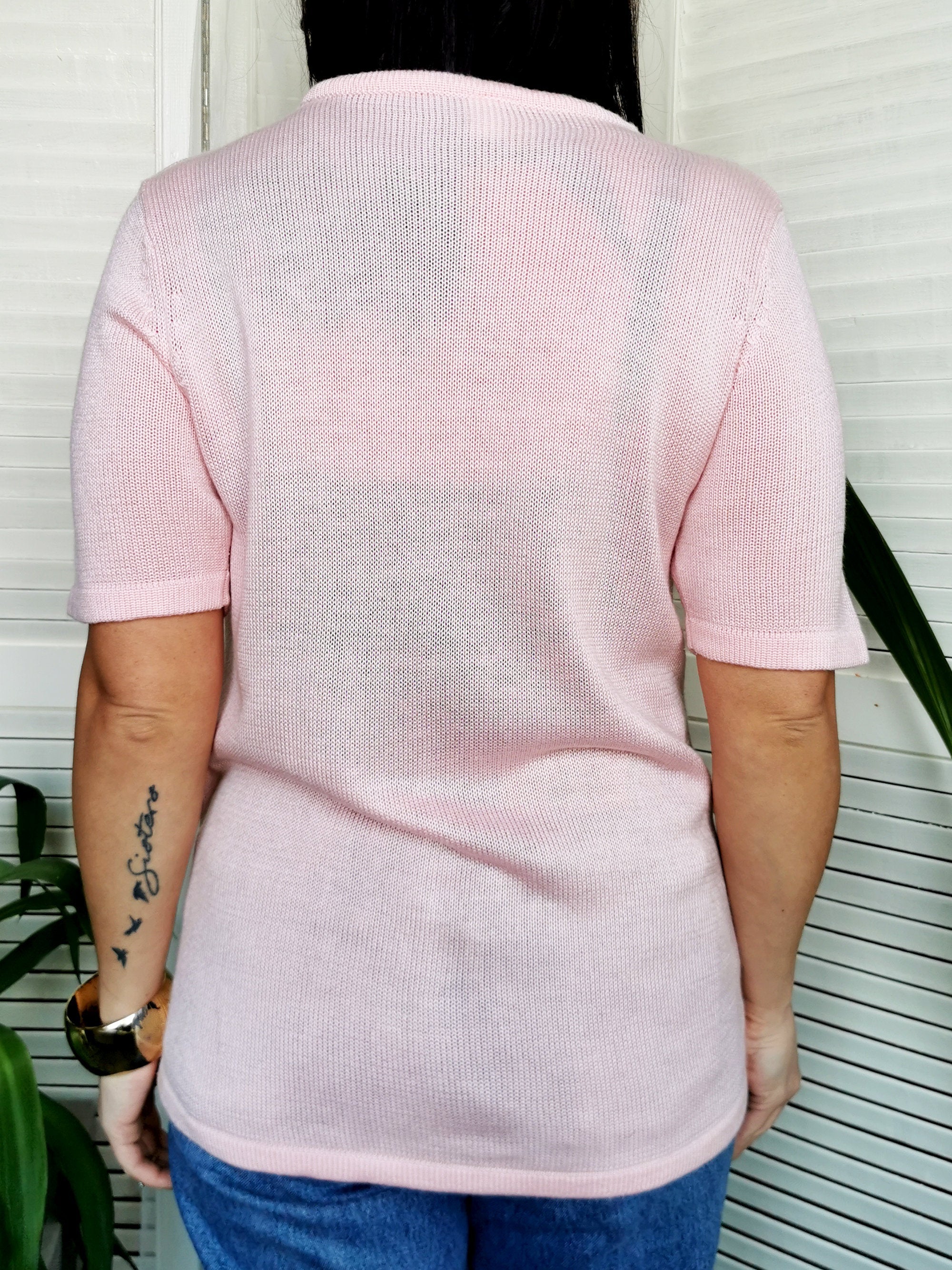 Vintage 80s pink knit embroidery short sleeve top