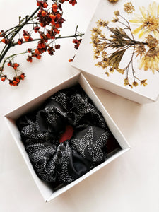 100% SILK Handmade BIG black dot print hair scrunchy