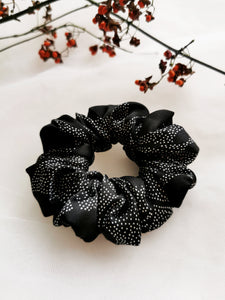 100% SILK Handmade black dot print medium hair scrunchy