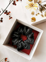 Load image into Gallery viewer, 100% SILK Handmade black dot print medium hair scrunchy
