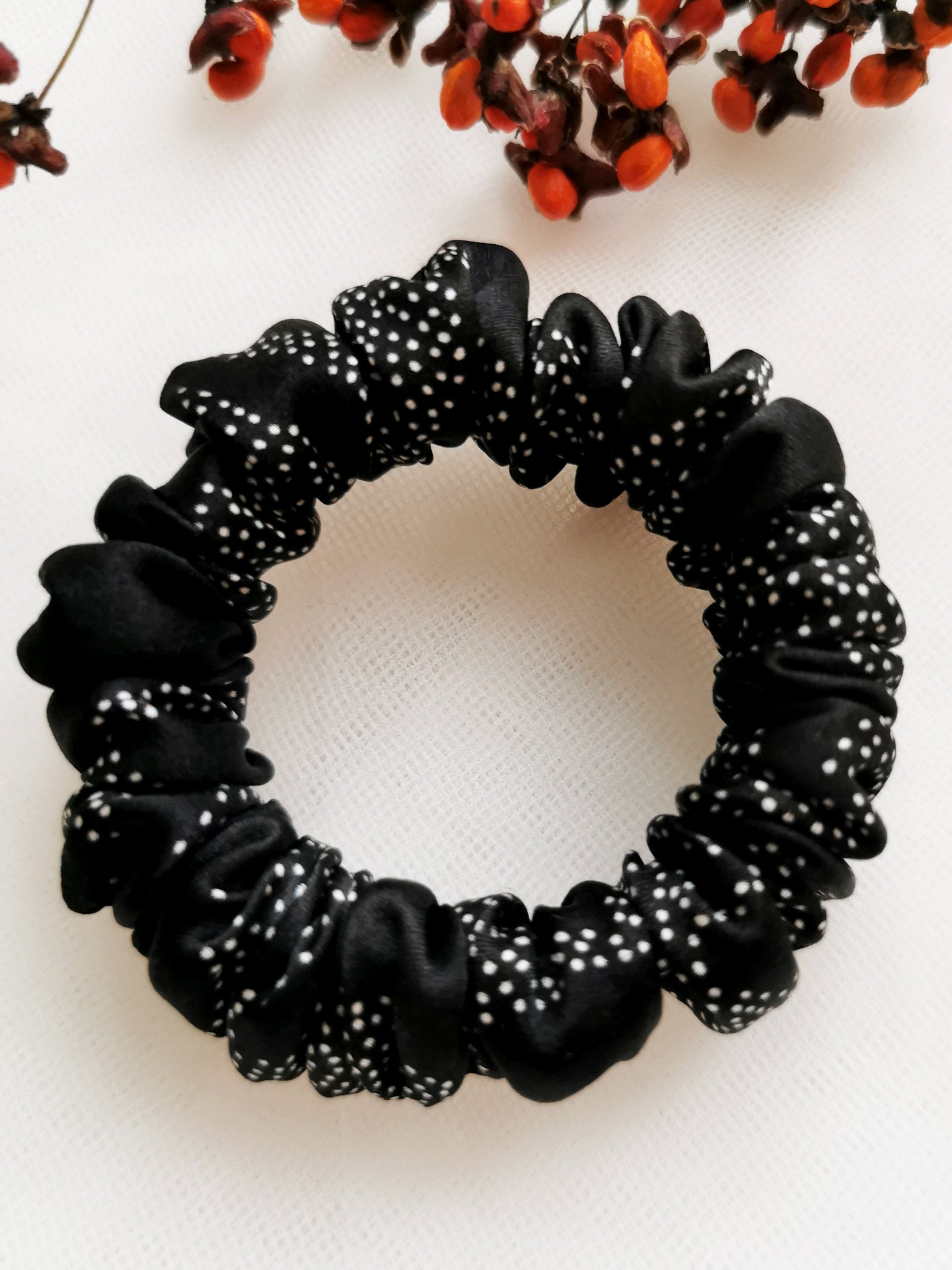 100% silk Handmade 2 pieces black dot print Scrunchy & Headband set