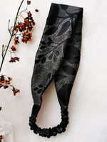 Load image into Gallery viewer, 100% silk Handmade 2 pieces black dot print Scrunchy &amp; Headband set
