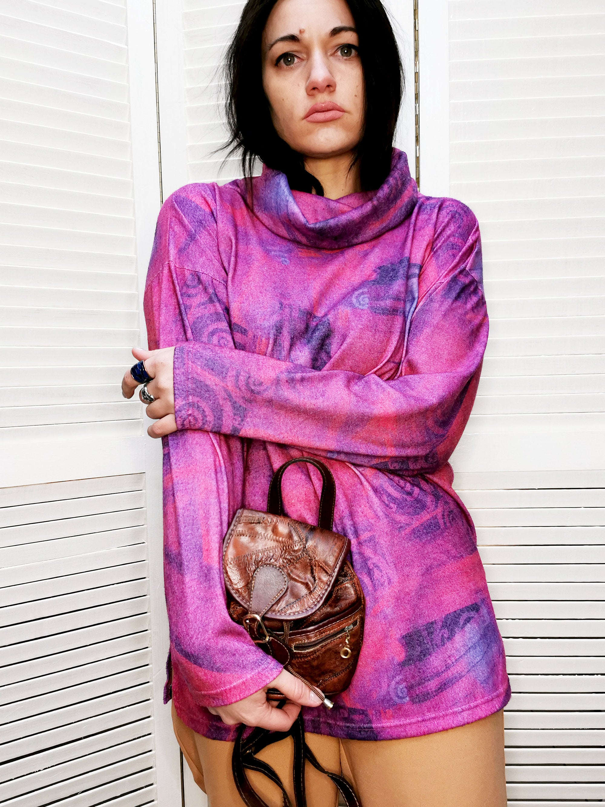 Vintage 90s purple abstract print roll neck sweatshirt top