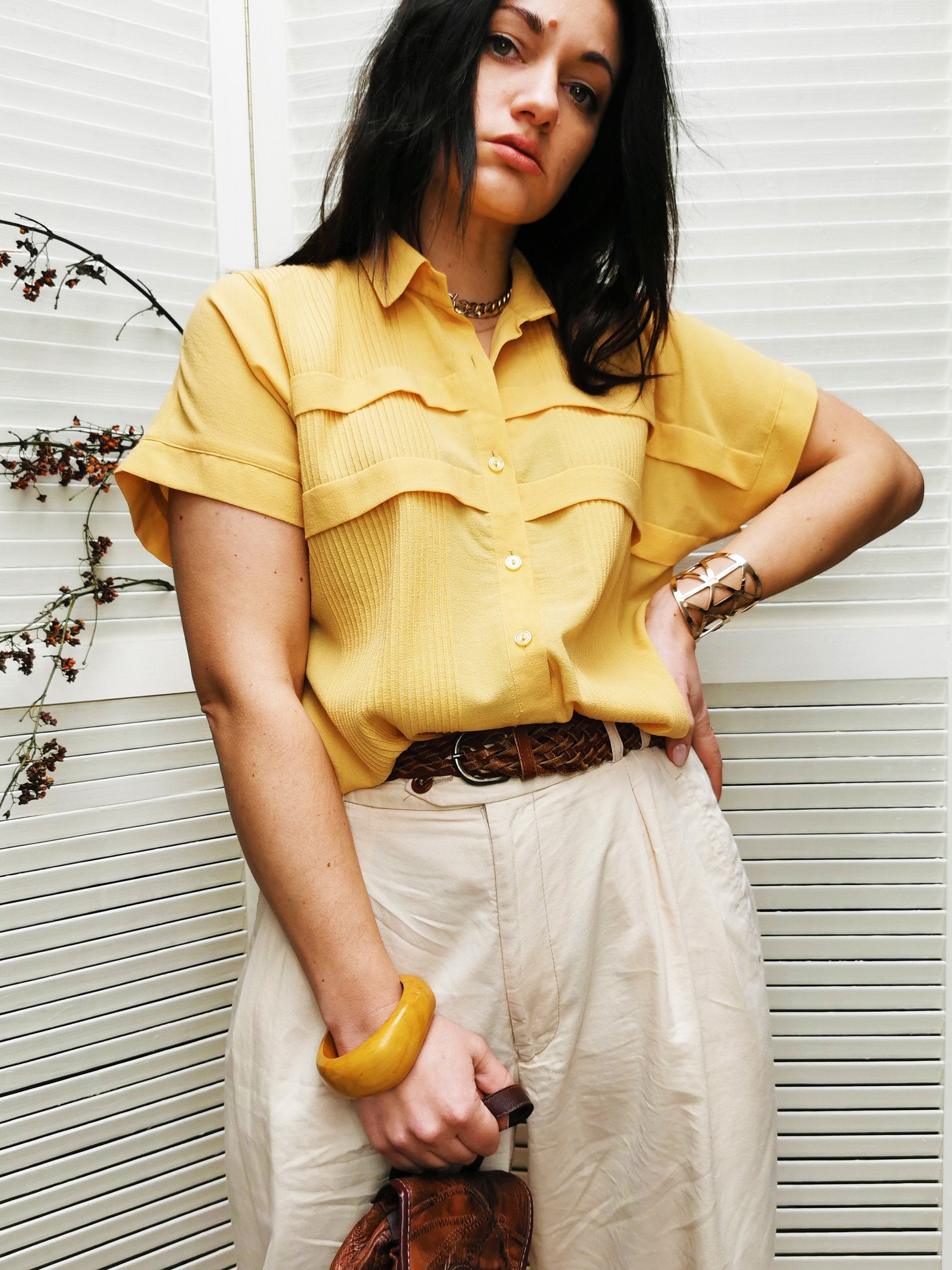 Vintage 80s minimalist mustard yellow blouse top
