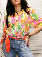 Load image into Gallery viewer, Vintage 80s colorful floral print short sleeve blouse top
