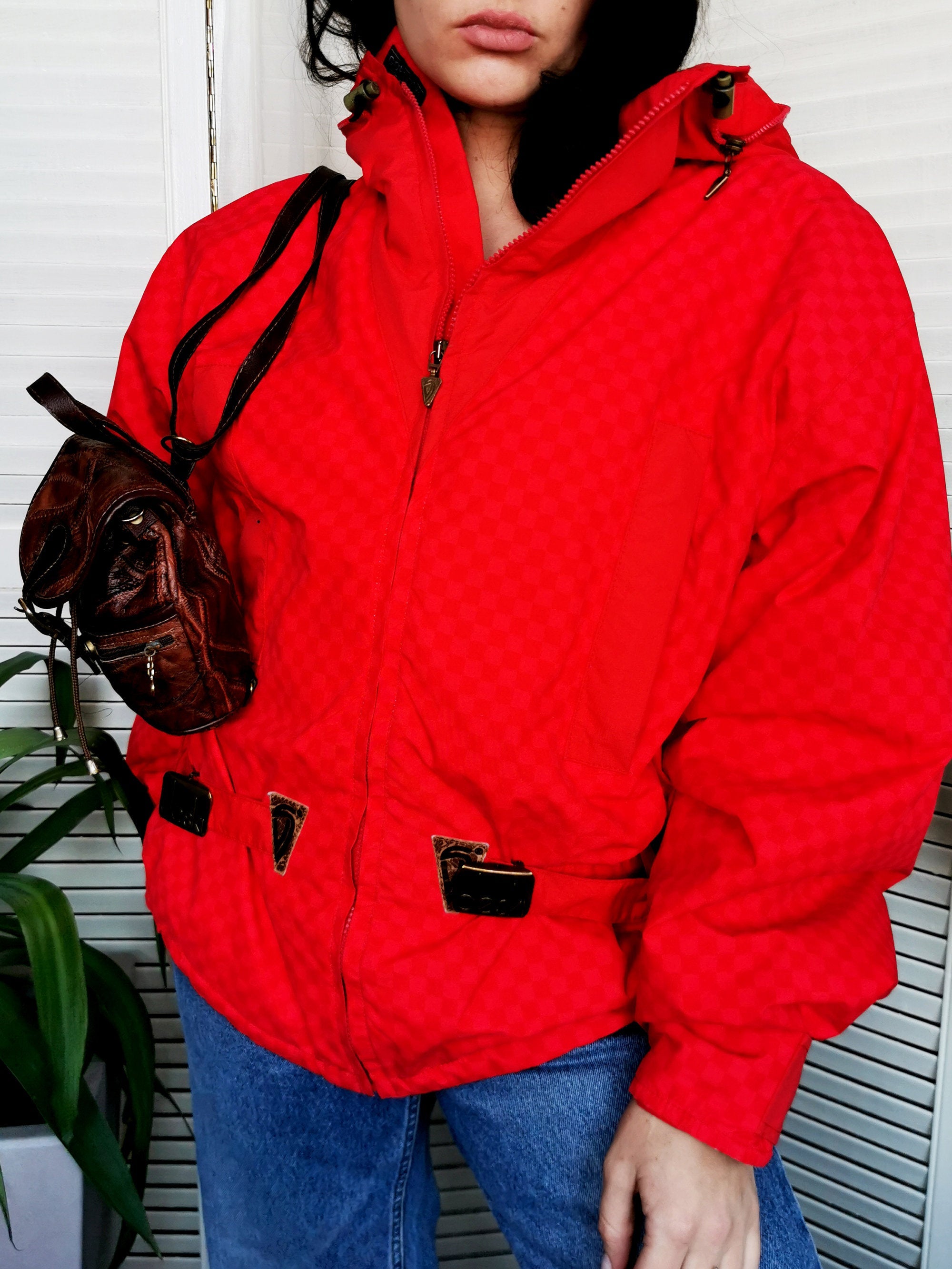 Vintage 90s red chess print hooded jacket