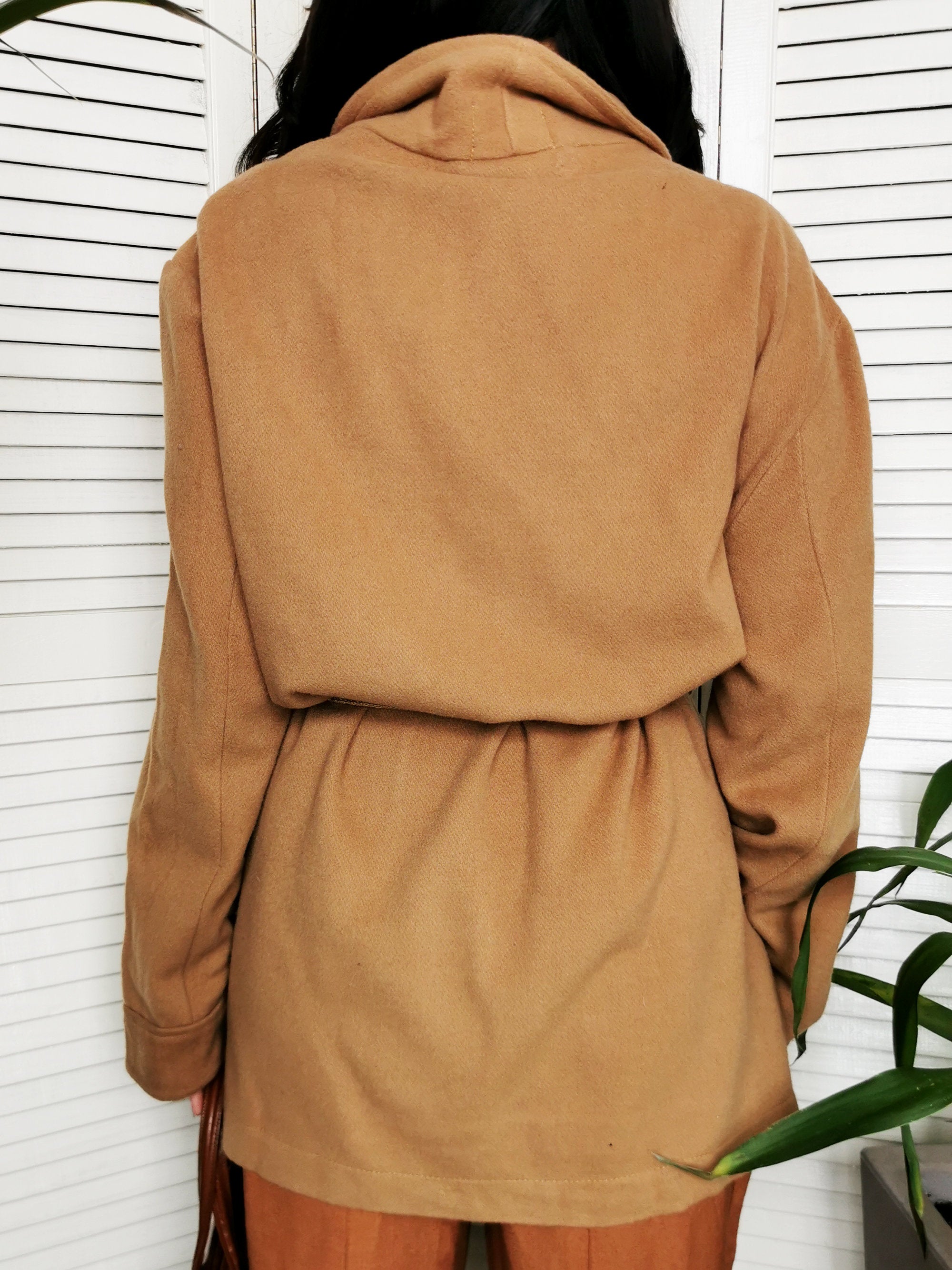 Vintage 80s camel brown woolen smart belted coat