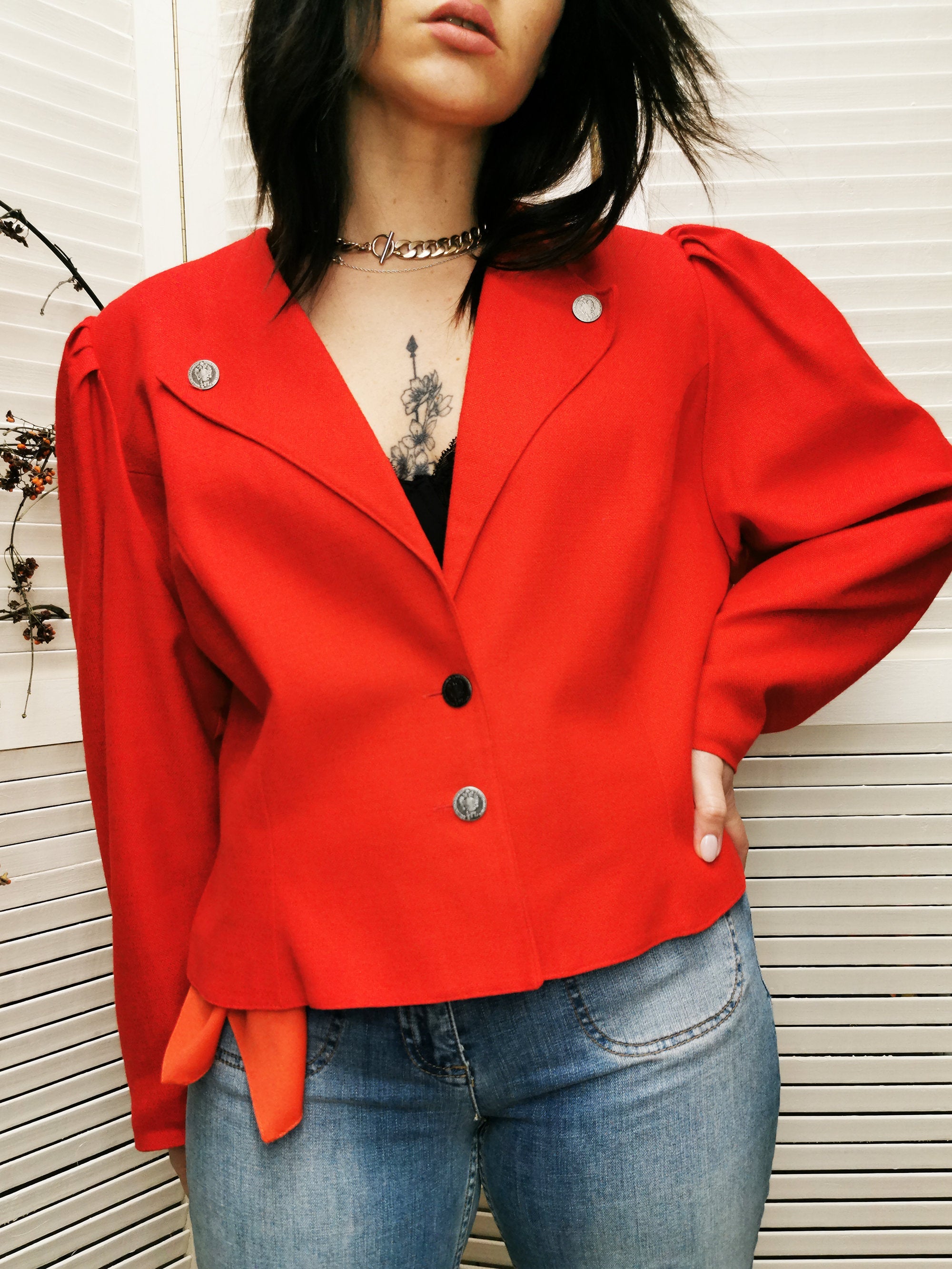 Vintage 80s red puff sleeve button down blazer jacket