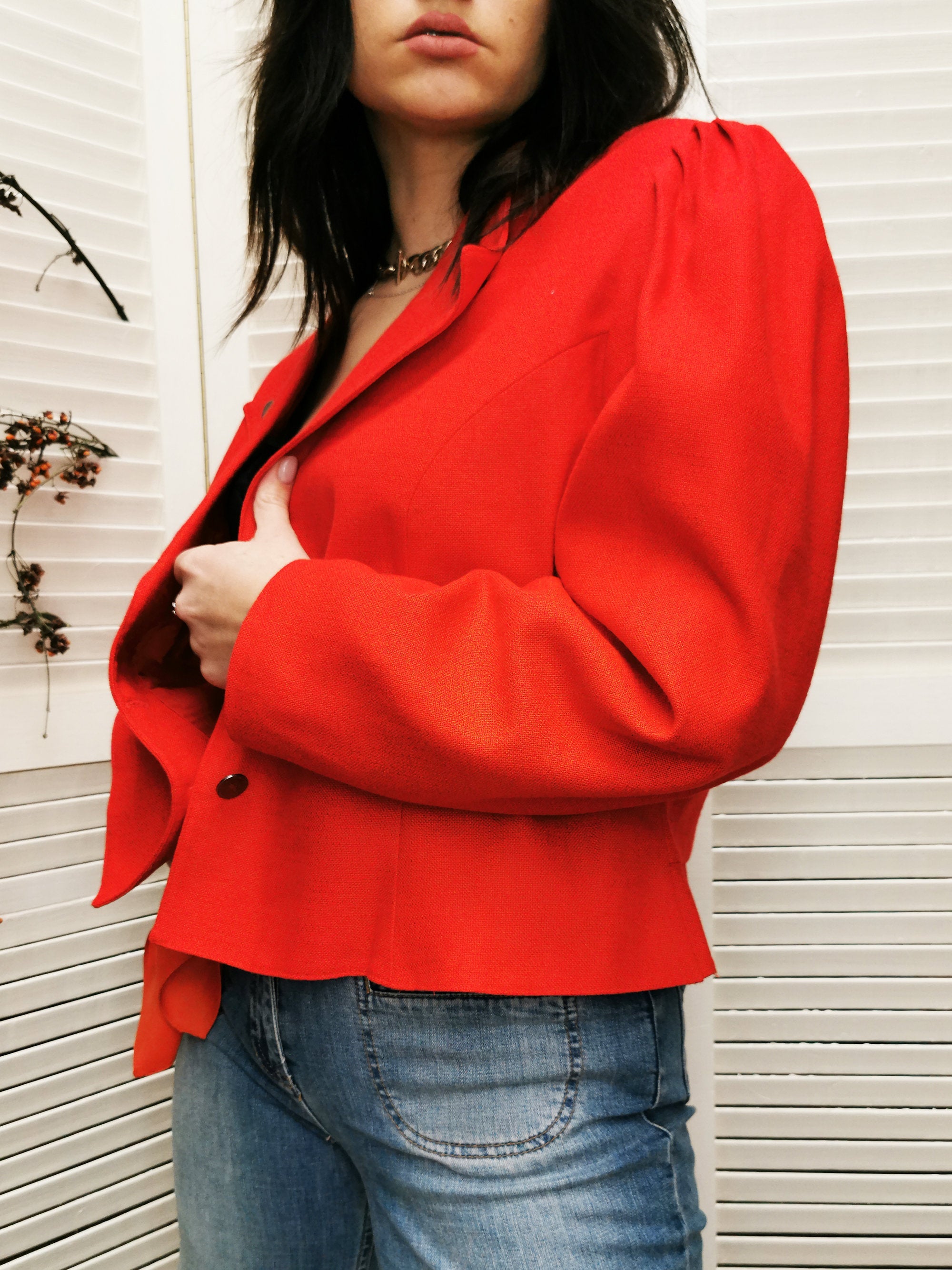 Vintage 80s red puff sleeve button down blazer jacket