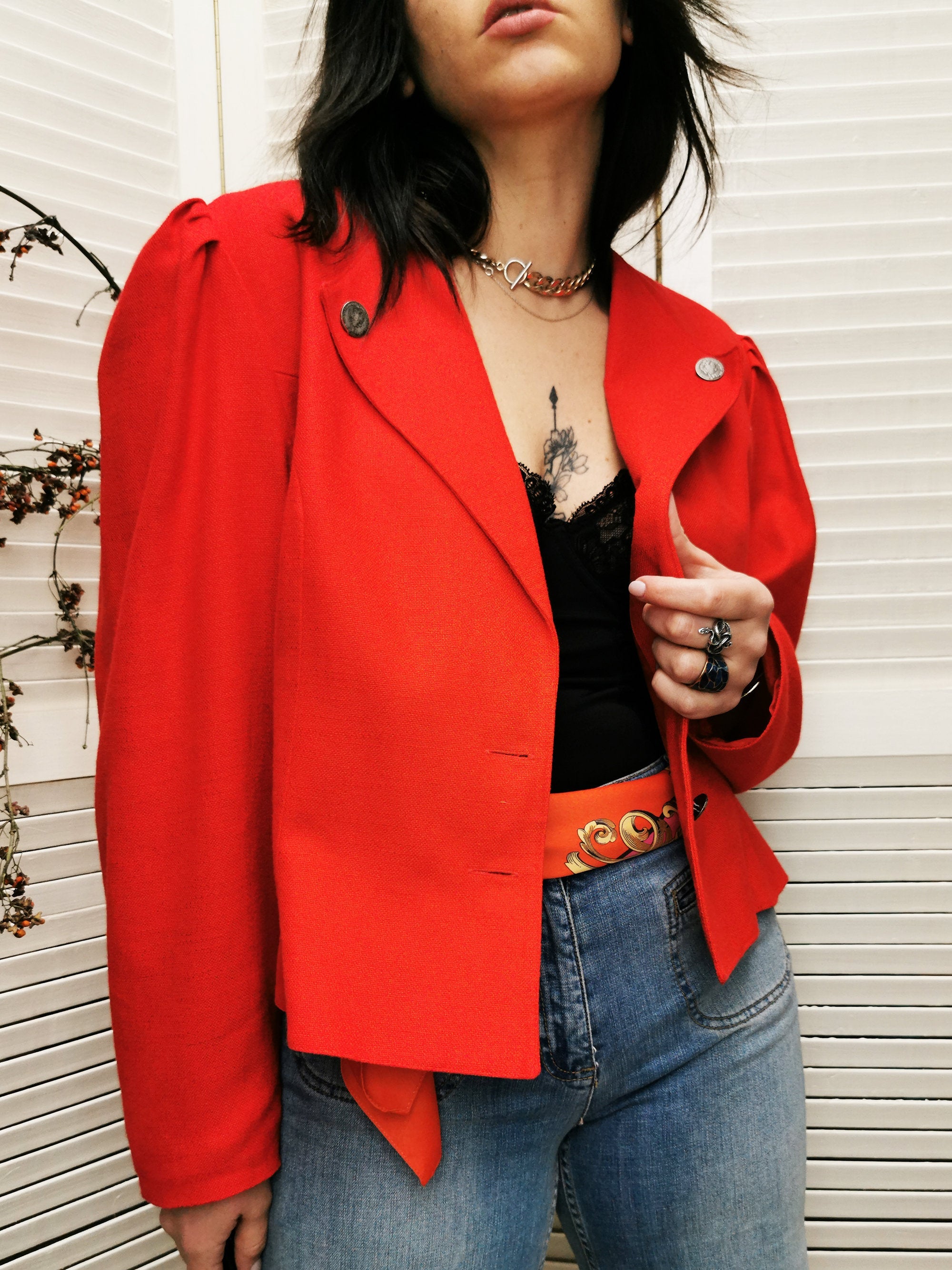 Vintage 80s red puff sleeve button down blazer jacket