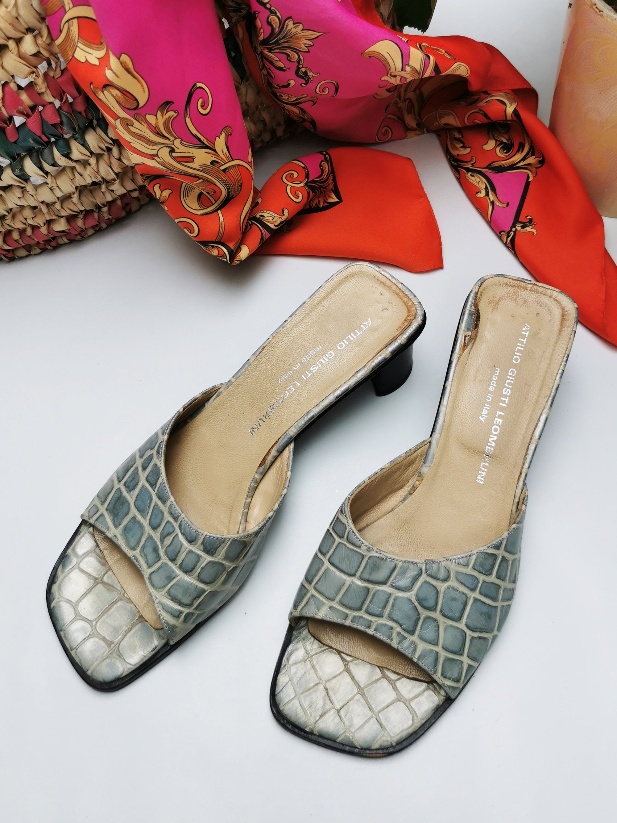Vintage 90s square toe snake print mid heel slippers sandals