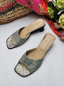 Vintage 90s square toe snake print mid heel slippers sandals