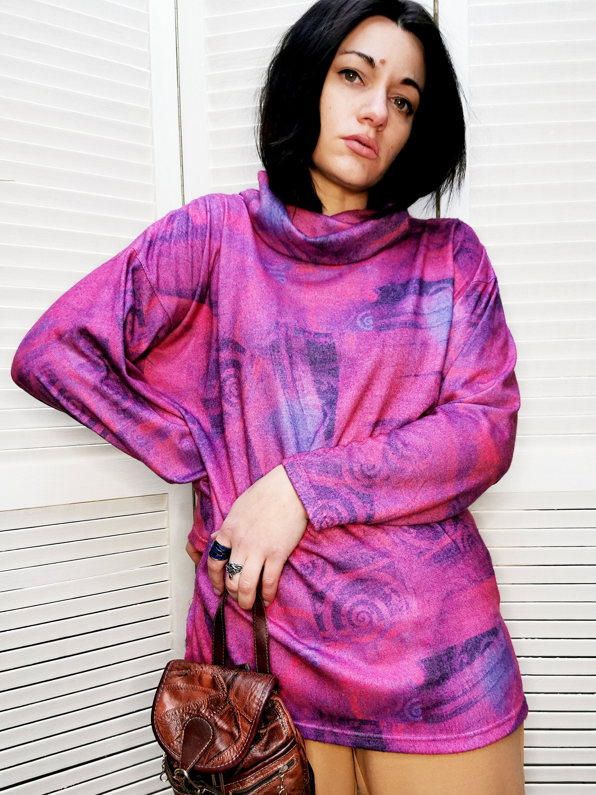 Vintage 90s purple abstract print roll neck sweatshirt top