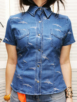 Load image into Gallery viewer, Vintage 90s stretch blue denim buttons front top
