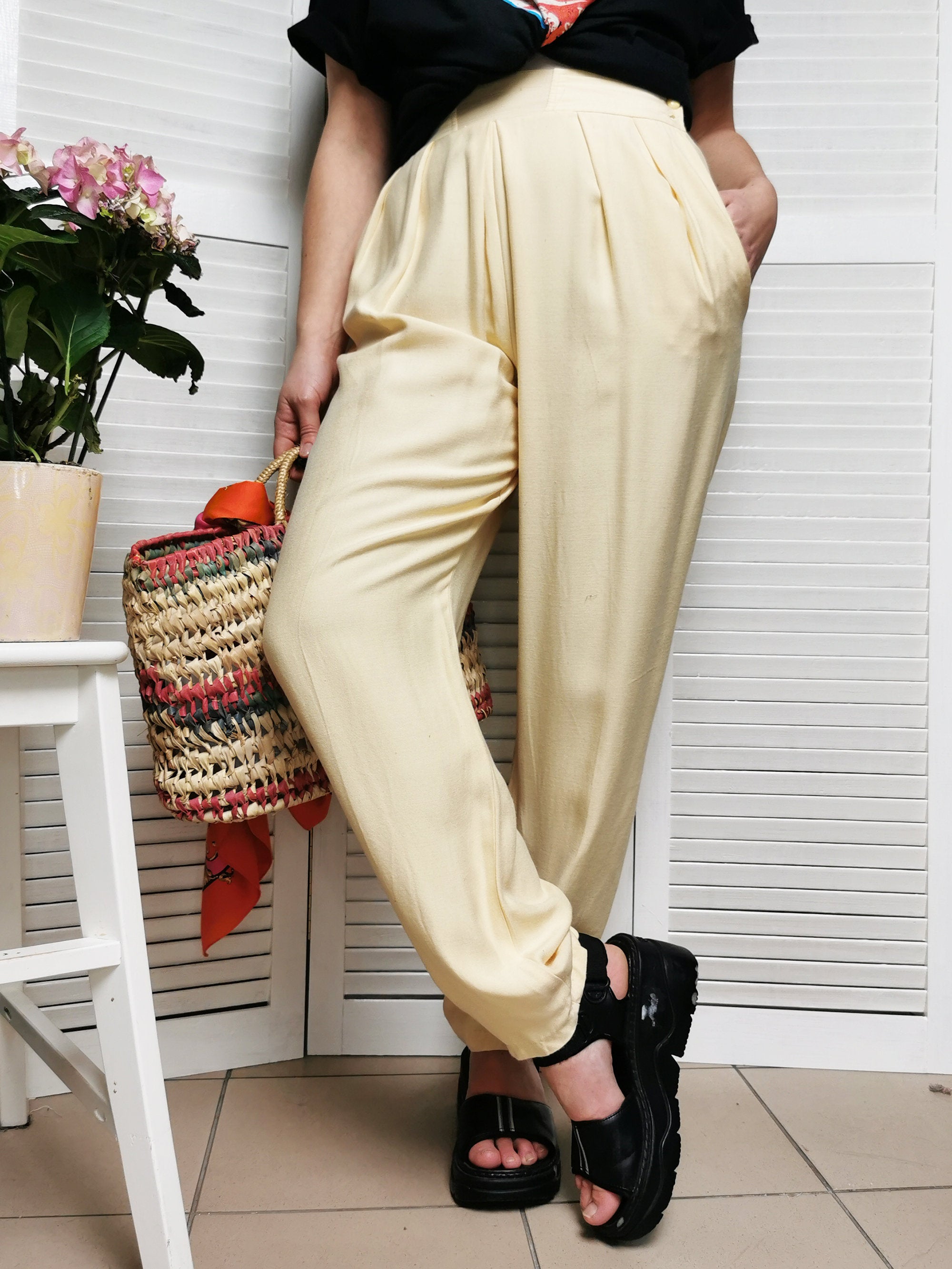 Vintage 80s yellow high waist casual summer pants