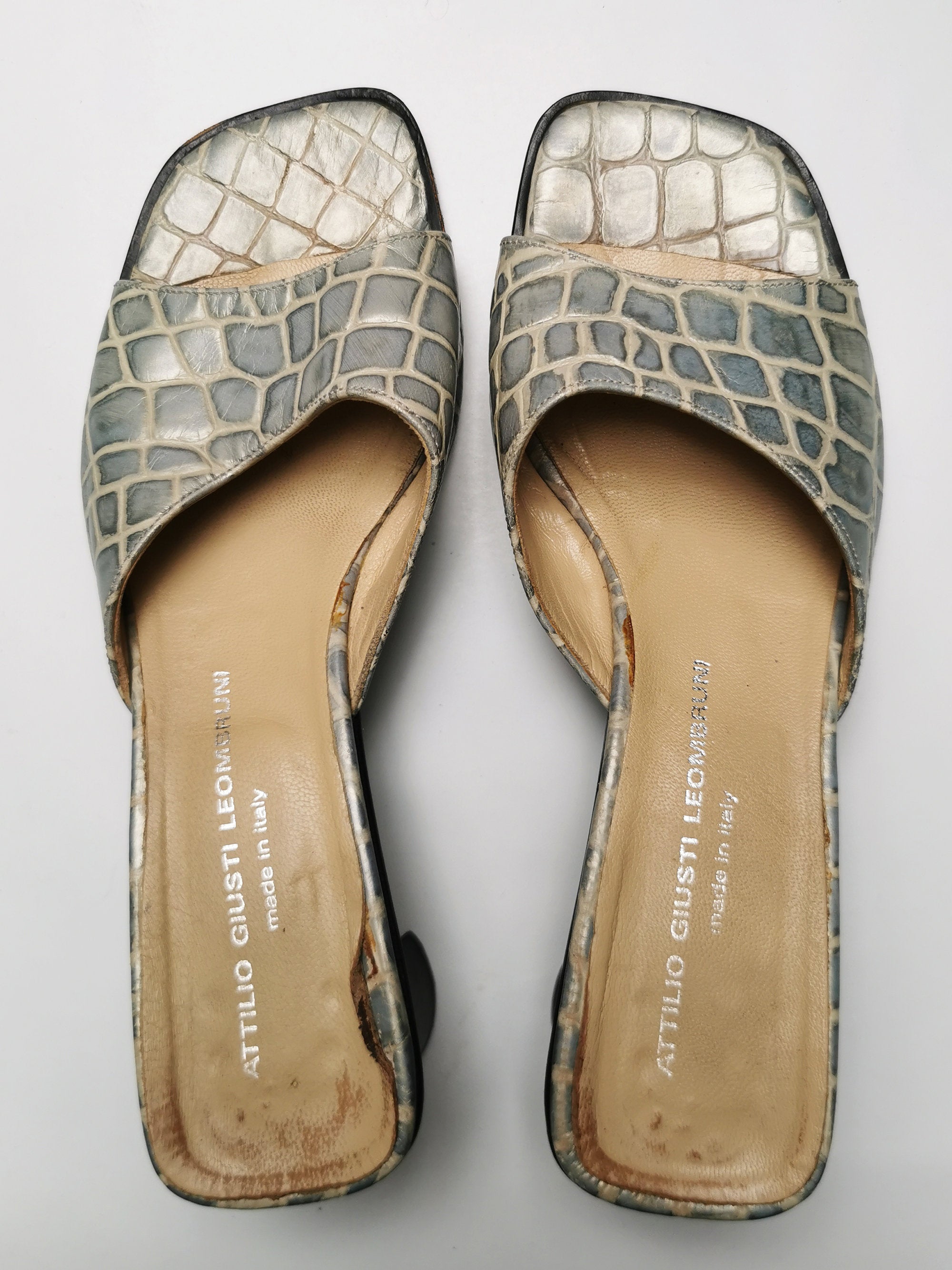 Vintage 90s square toe snake print mid heel slippers sandals