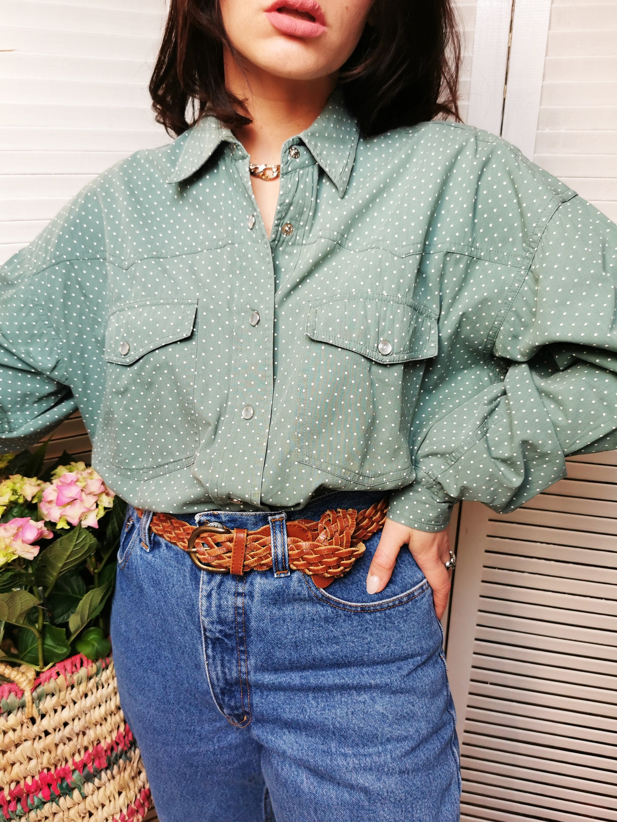 Vintage 90s polka dot cotton oversize unisex shirt