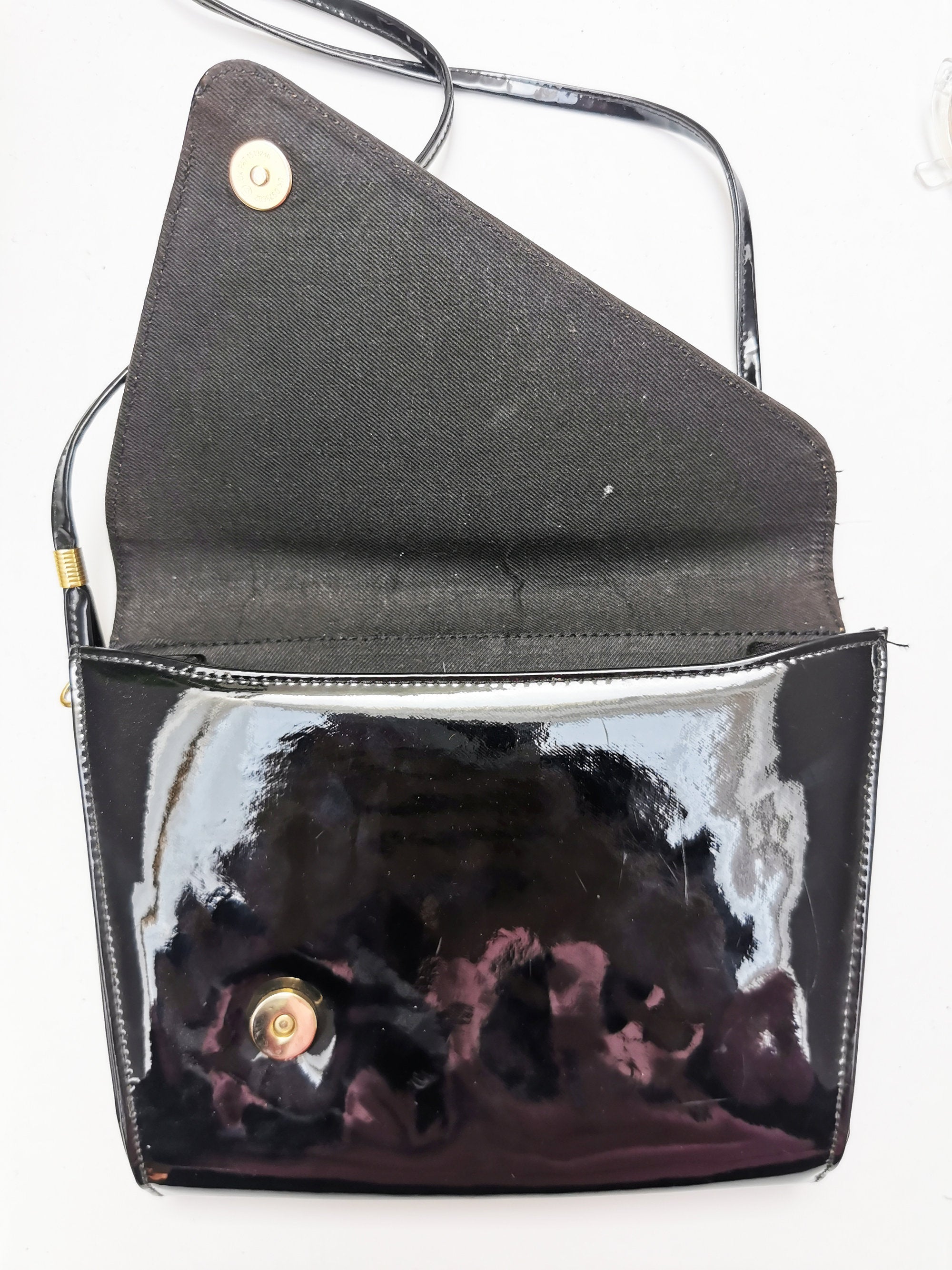 Vintage 80s retro black lacquer crossbody side bag