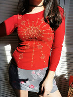 Load image into Gallery viewer, Vintage 90s ornamented red long sleeve lycra top

