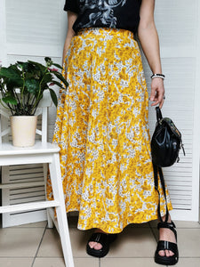 Vintage 90s yellow abstract print full maxi summer skirt