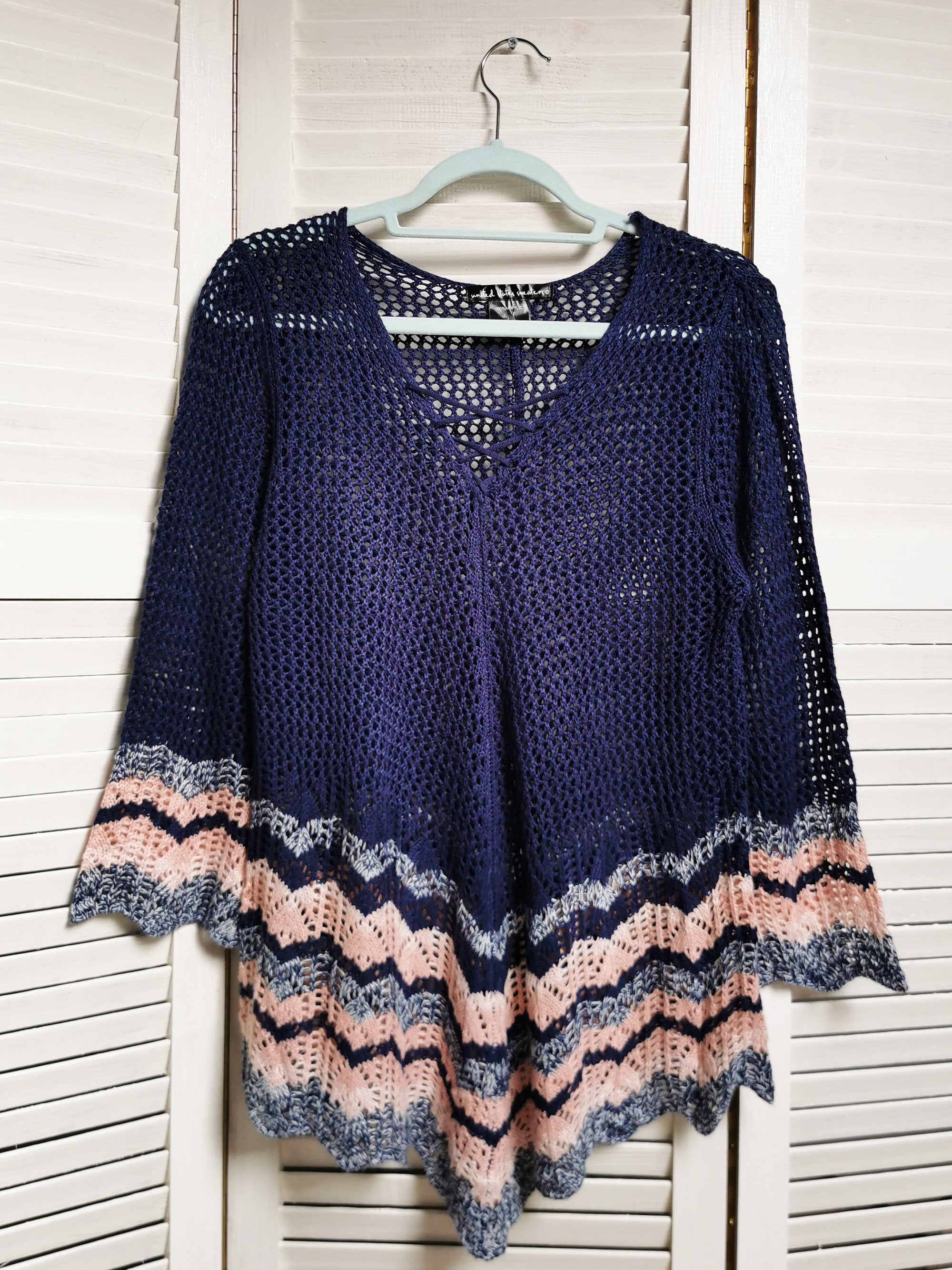 Vintage 90s blue fishnet sheer knit jumper top