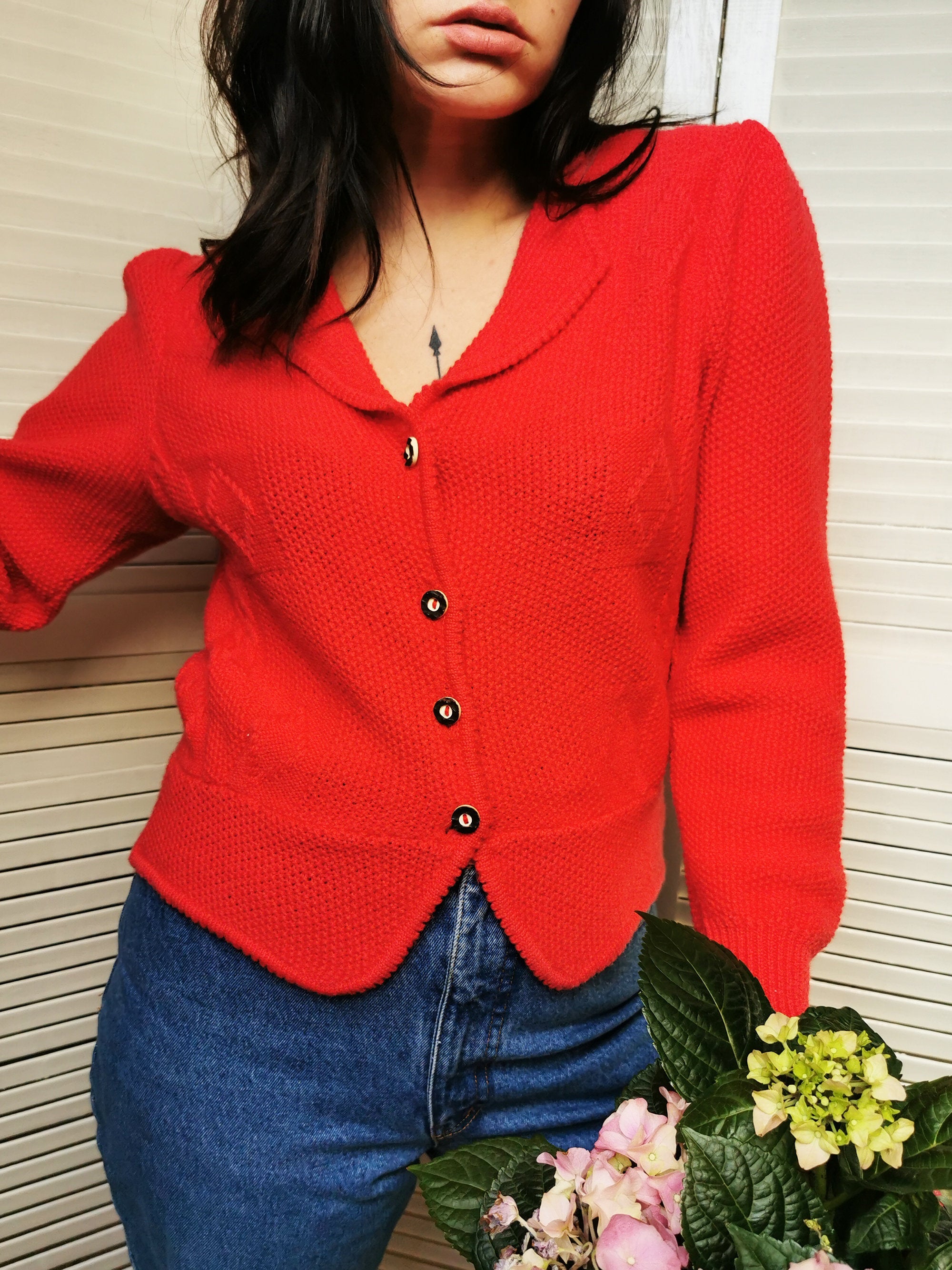 Vintage 80s red knit woolen puff sleeve cardigan top