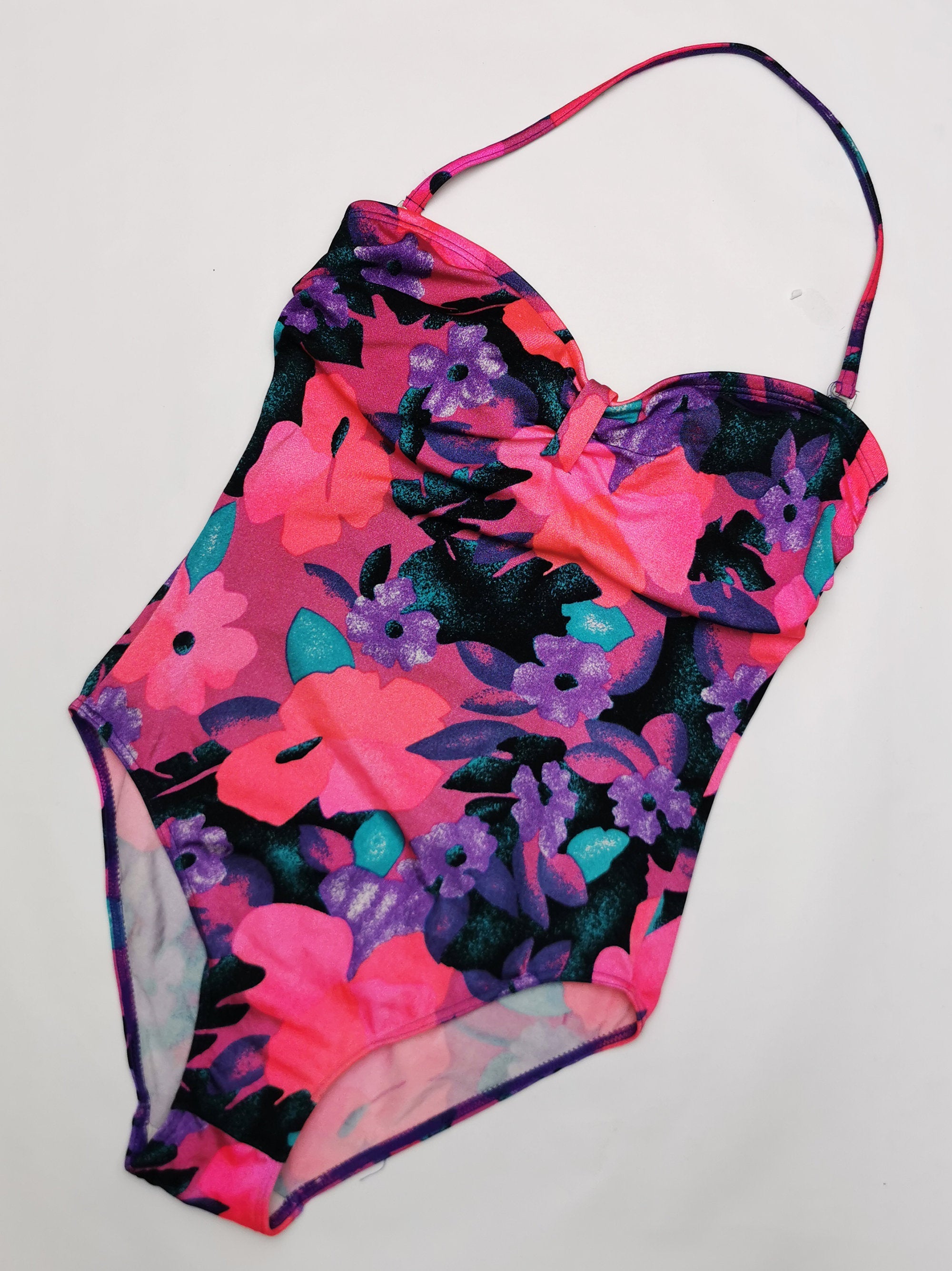 Vintage 90s colorful floral print halter one-piece swimwear