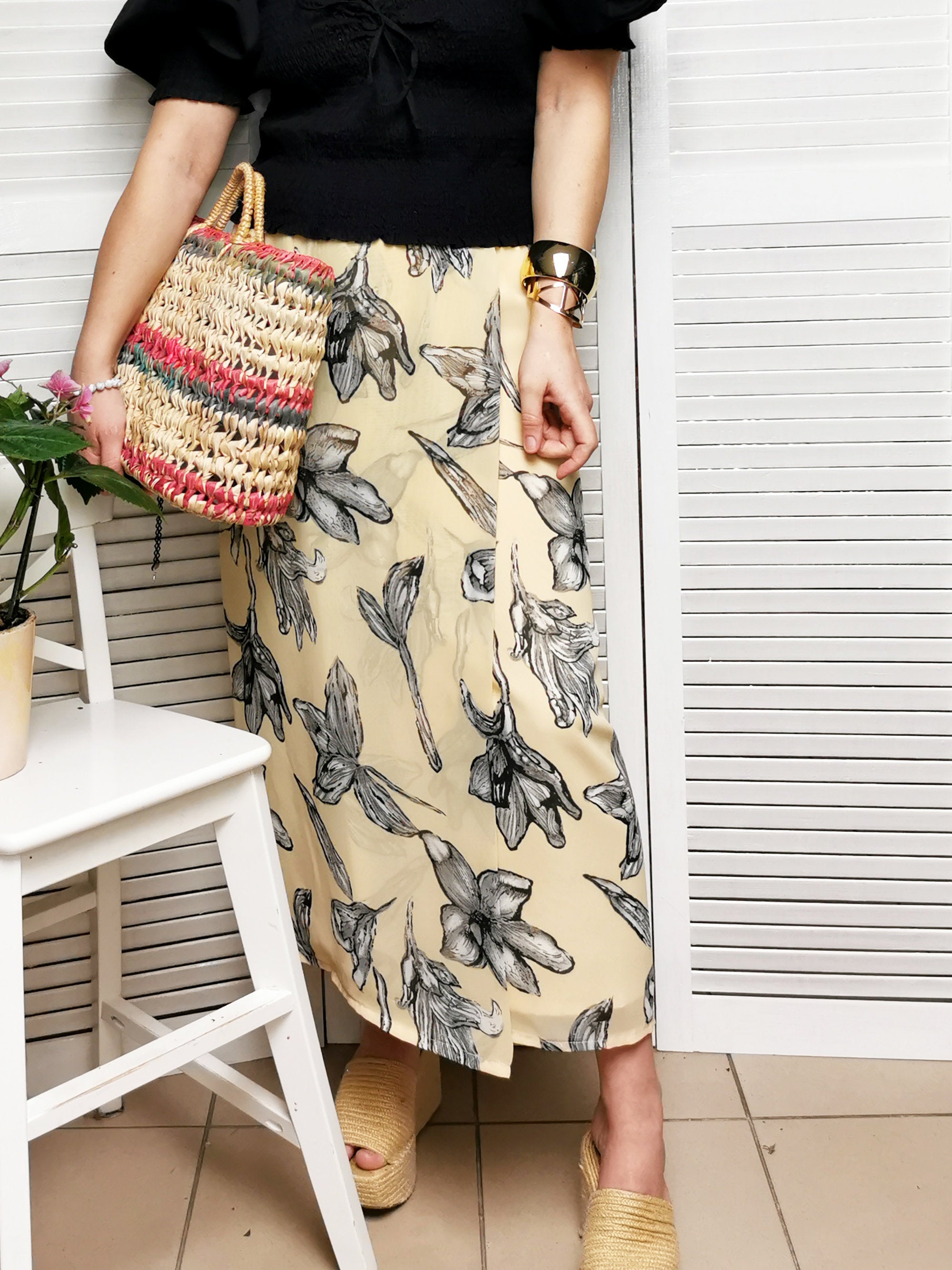 Vintage 90s yellow flower print chiffon maxi summer skirt