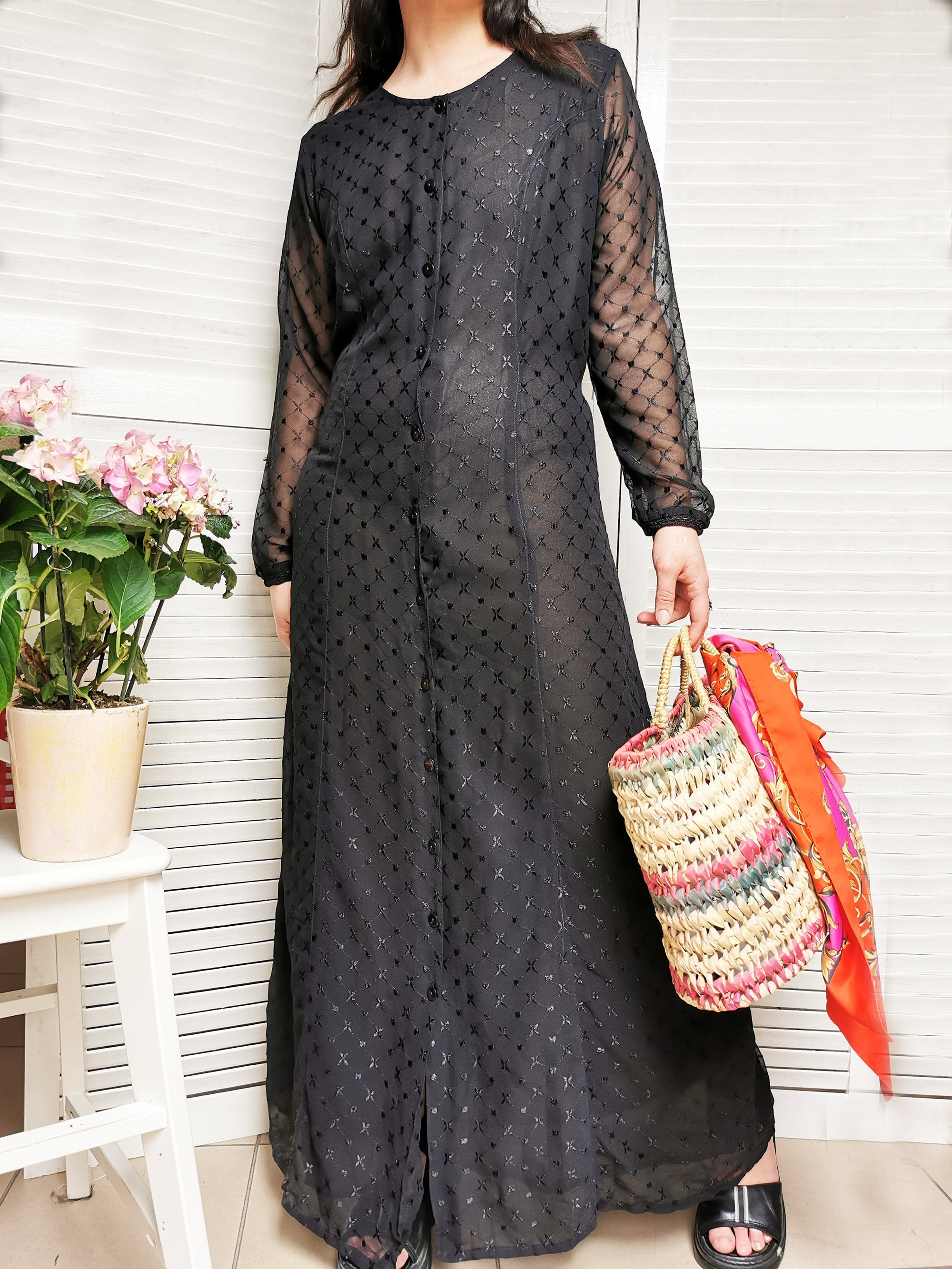 Vintage 90s black sheer embroidery button down maxi dress