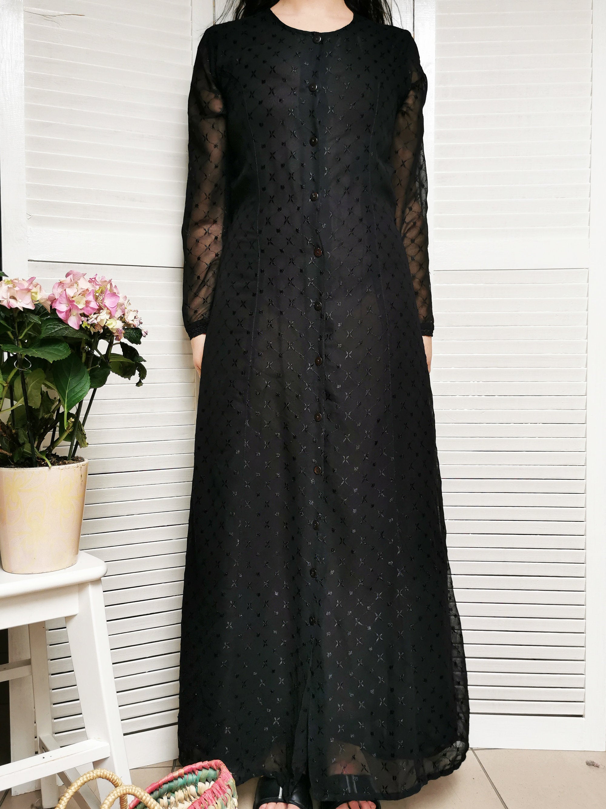 Vintage 90s black sheer embroidery button down maxi dress