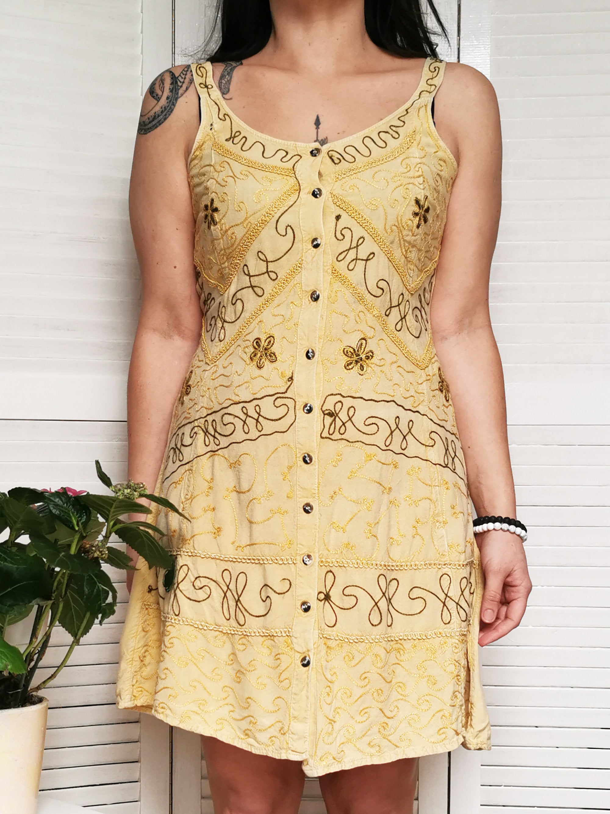 Vintage 90s embroidery yellow mini summer dress