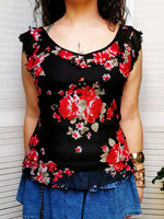 Load image into Gallery viewer, Vintage 90s black floral mesh ruffle blouse top
